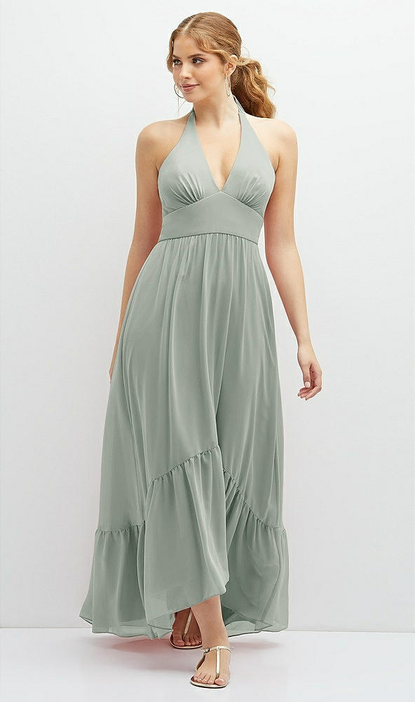 Front View - Willow Green Chiffon Halter High-Low Dress with Deep Ruffle Hem