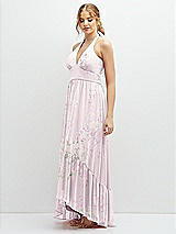 Side View Thumbnail - Watercolor Print Chiffon Halter High-Low Dress with Deep Ruffle Hem