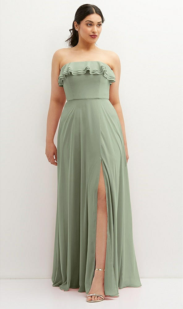 Front View - Sage Tiered Ruffle Neck Strapless Maxi Dress with Front Slit