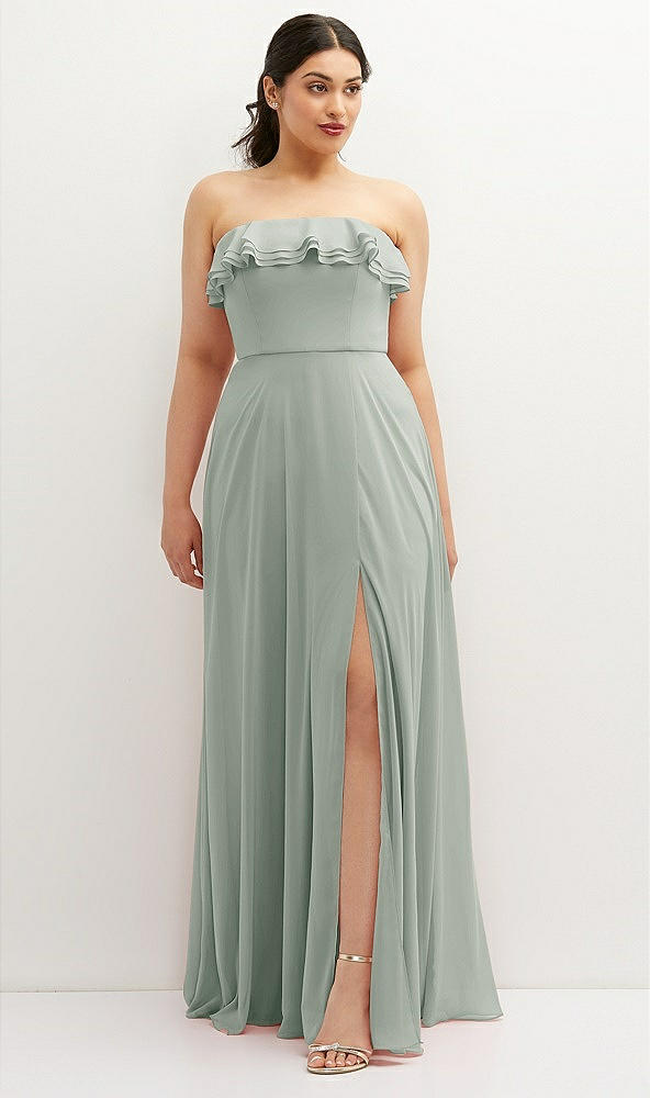 Front View - Willow Green Tiered Ruffle Neck Strapless Maxi Dress with Front Slit