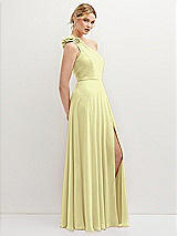 Side View Thumbnail - Butter Yellow Handworked Flower Trimmed One-Shoulder Chiffon Maxi Dress