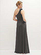 Rear View Thumbnail - Caviar Gray Handworked Flower Trimmed One-Shoulder Chiffon Maxi Dress