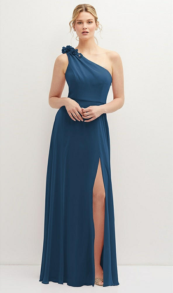 Front View - Dusk Blue Handworked Flower Trimmed One-Shoulder Chiffon Maxi Dress