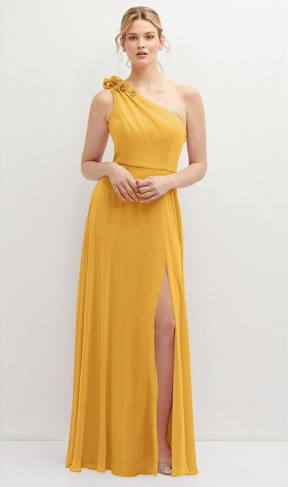 Front View - NYC Yellow Handworked Flower Trimmed One-Shoulder Chiffon Maxi Dress