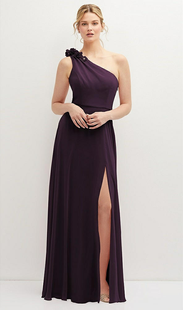 Front View - Aubergine Handworked Flower Trimmed One-Shoulder Chiffon Maxi Dress