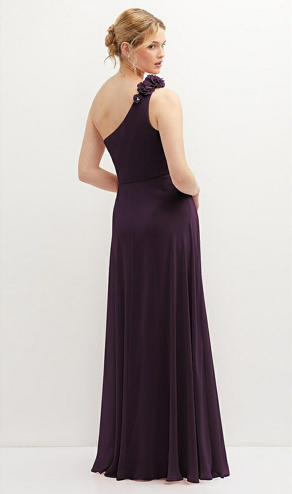 Back View - Aubergine Handworked Flower Trimmed One-Shoulder Chiffon Maxi Dress