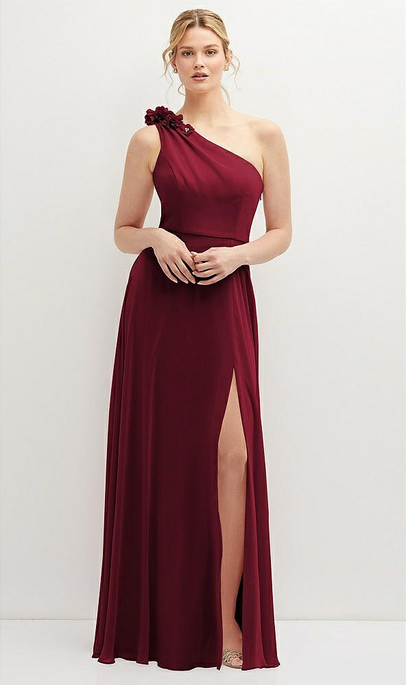 Front View - Burgundy Handworked Flower Trimmed One-Shoulder Chiffon Maxi Dress