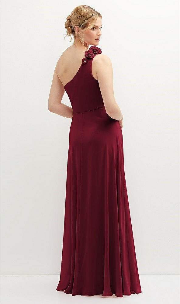 Back View - Burgundy Handworked Flower Trimmed One-Shoulder Chiffon Maxi Dress