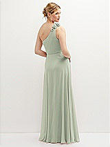 Rear View Thumbnail - Celadon Handworked Flower Trimmed One-Shoulder Chiffon Maxi Dress