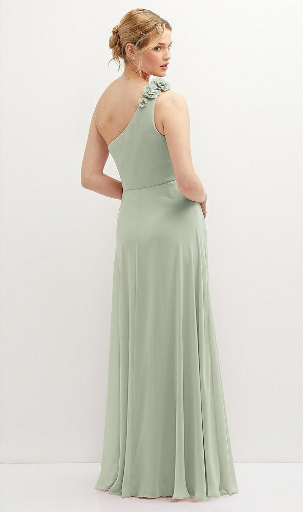 Back View - Celadon Handworked Flower Trimmed One-Shoulder Chiffon Maxi Dress