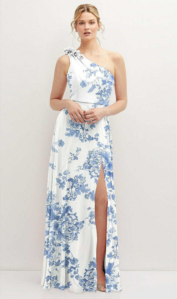 Front View - Cottage Rose Dusk Blue Handworked Flower Trimmed One-Shoulder Chiffon Maxi Dress