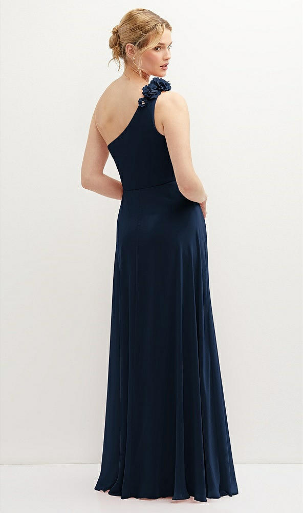 Back View - Midnight Navy Handworked Flower Trimmed One-Shoulder Chiffon Maxi Dress