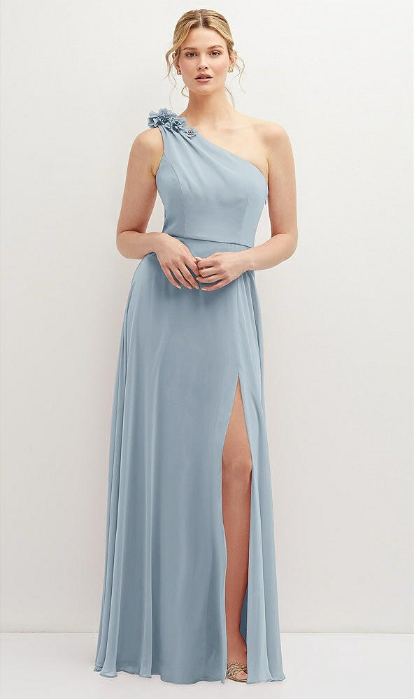 Front View - Mist Handworked Flower Trimmed One-Shoulder Chiffon Maxi Dress