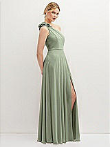 Side View Thumbnail - Sage Handworked Flower Trimmed One-Shoulder Chiffon Maxi Dress