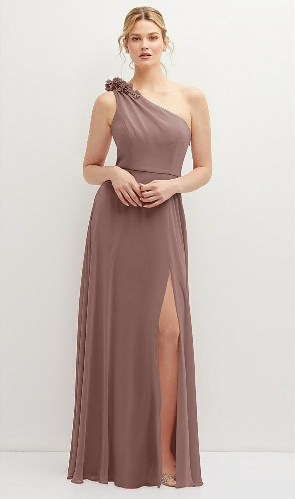 Front View - Sienna Handworked Flower Trimmed One-Shoulder Chiffon Maxi Dress