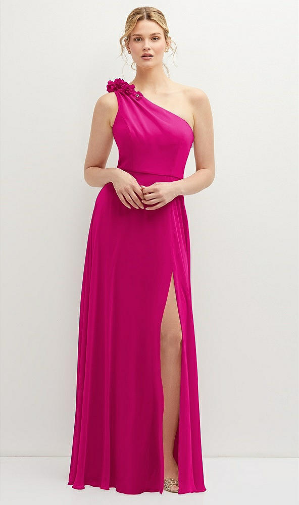 Front View - Think Pink Handworked Flower Trimmed One-Shoulder Chiffon Maxi Dress