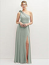 Front View Thumbnail - Willow Green Handworked Flower Trimmed One-Shoulder Chiffon Maxi Dress