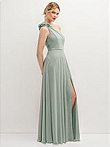 Side View Thumbnail - Willow Green Handworked Flower Trimmed One-Shoulder Chiffon Maxi Dress