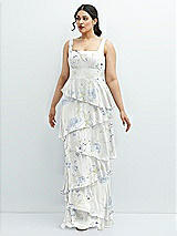 Front View Thumbnail - Bleu Garden Asymmetrical Tiered Ruffle Chiffon Maxi Dress with Square Neckline