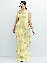 Front View Thumbnail - Butter Yellow Asymmetrical Tiered Ruffle Chiffon Maxi Dress with Square Neckline