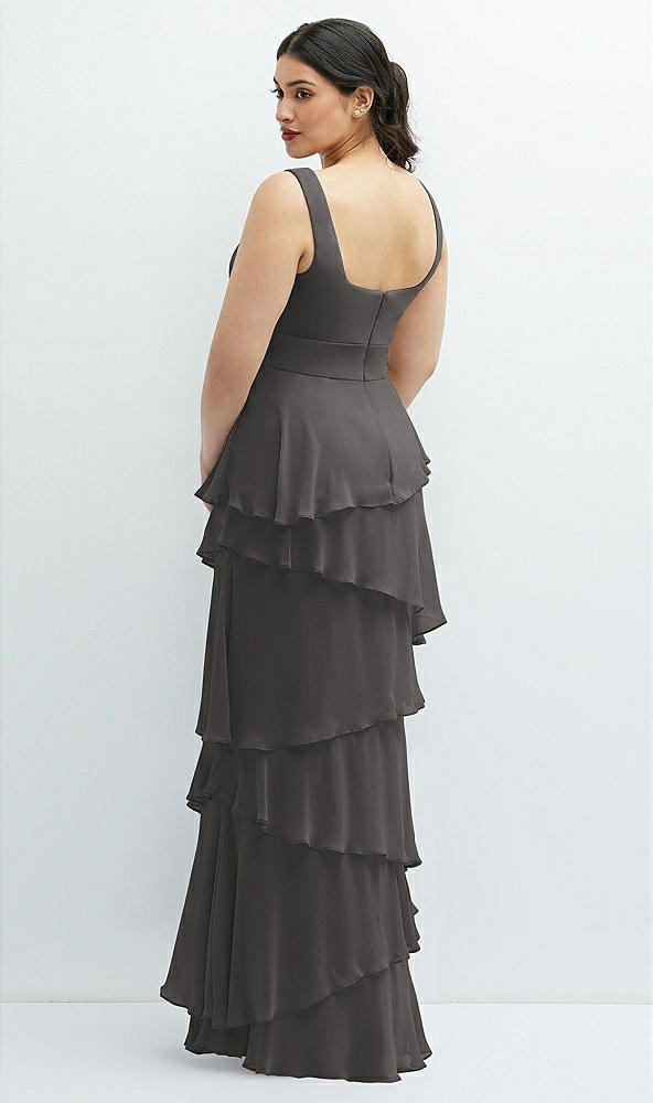 Back View - Caviar Gray Asymmetrical Tiered Ruffle Chiffon Maxi Dress with Square Neckline