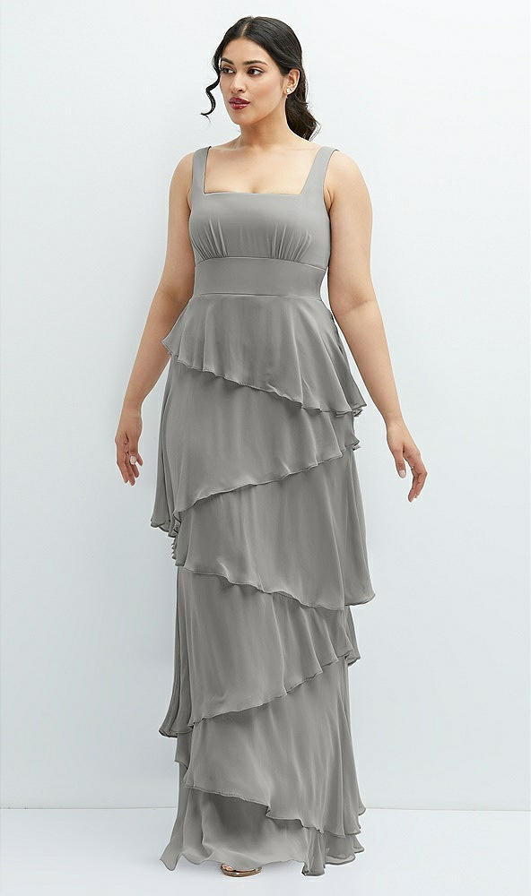 Front View - Chelsea Gray Asymmetrical Tiered Ruffle Chiffon Maxi Dress with Square Neckline