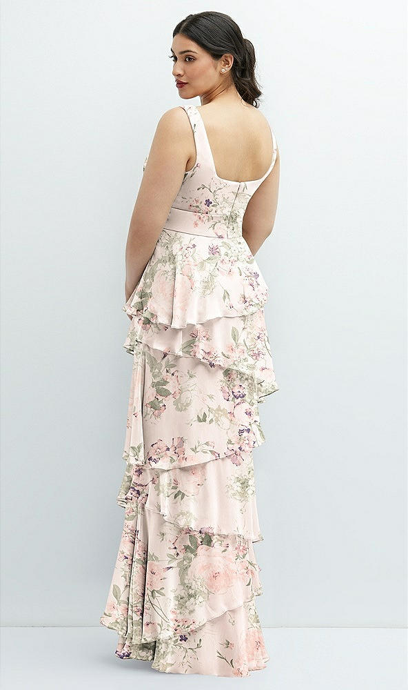 Back View - Blush Garden Asymmetrical Tiered Ruffle Chiffon Maxi Dress with Square Neckline