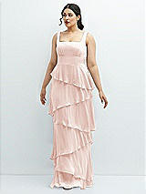 Front View Thumbnail - Blush Asymmetrical Tiered Ruffle Chiffon Maxi Dress with Square Neckline