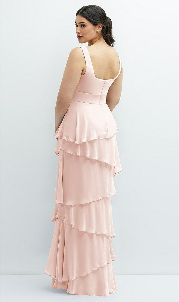 Back View - Blush Asymmetrical Tiered Ruffle Chiffon Maxi Dress with Square Neckline