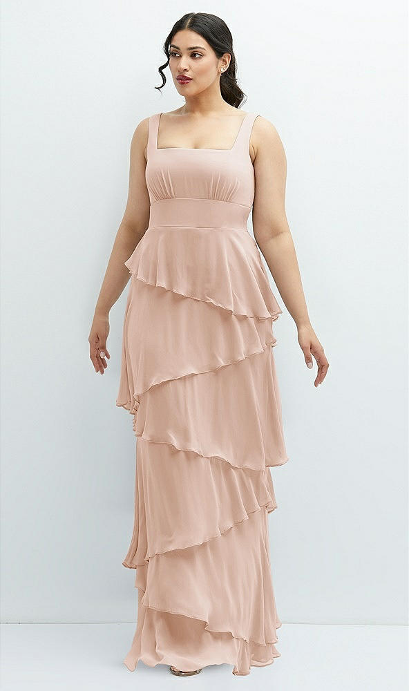 Front View - Cameo Asymmetrical Tiered Ruffle Chiffon Maxi Dress with Square Neckline