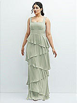 Front View Thumbnail - Celadon Asymmetrical Tiered Ruffle Chiffon Maxi Dress with Square Neckline