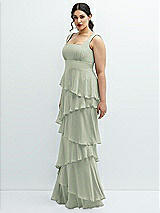 Side View Thumbnail - Celadon Asymmetrical Tiered Ruffle Chiffon Maxi Dress with Square Neckline