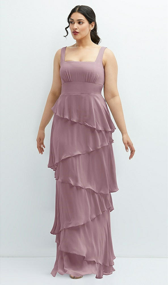 Front View - Dusty Rose Asymmetrical Tiered Ruffle Chiffon Maxi Dress with Square Neckline