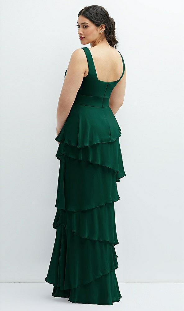 Back View - Hunter Green Asymmetrical Tiered Ruffle Chiffon Maxi Dress with Square Neckline