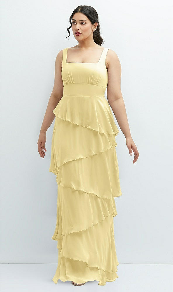 Front View - Pale Yellow Asymmetrical Tiered Ruffle Chiffon Maxi Dress with Square Neckline