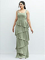 Front View Thumbnail - Sage Asymmetrical Tiered Ruffle Chiffon Maxi Dress with Square Neckline