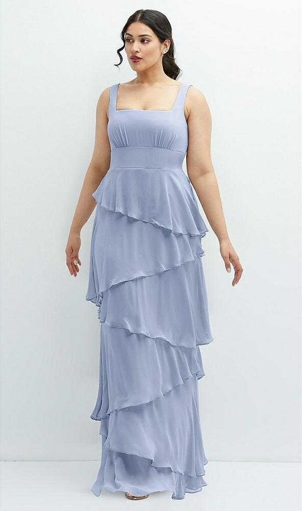 Front View - Sky Blue Asymmetrical Tiered Ruffle Chiffon Maxi Dress with Square Neckline