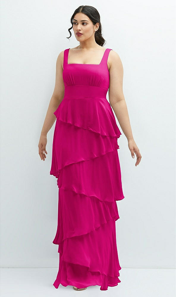 Front View - Think Pink Asymmetrical Tiered Ruffle Chiffon Maxi Dress with Square Neckline