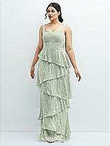 Front View Thumbnail - Vintage Primrose Sage Asymmetrical Tiered Ruffle Chiffon Maxi Dress with Square Neckline