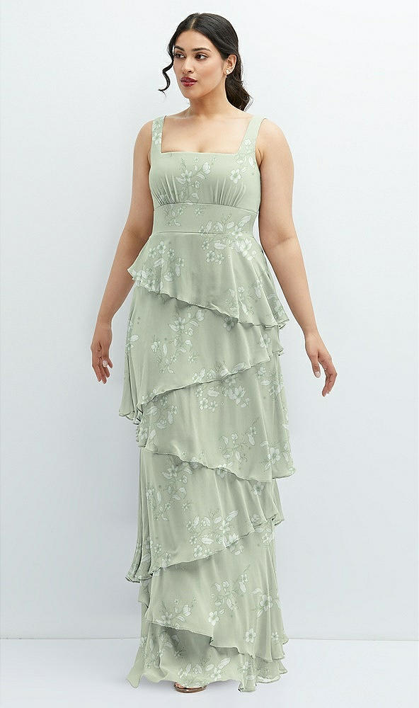 Front View - Vintage Primrose Sage Asymmetrical Tiered Ruffle Chiffon Maxi Dress with Square Neckline