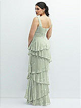 Rear View Thumbnail - Vintage Primrose Sage Asymmetrical Tiered Ruffle Chiffon Maxi Dress with Square Neckline