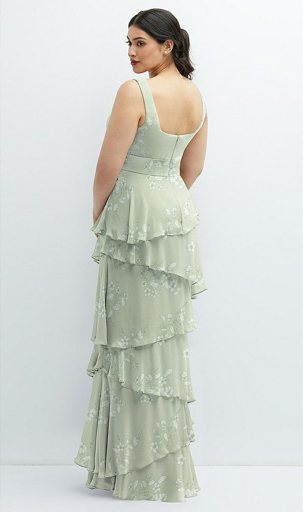 Back View - Vintage Primrose Sage Asymmetrical Tiered Ruffle Chiffon Maxi Dress with Square Neckline