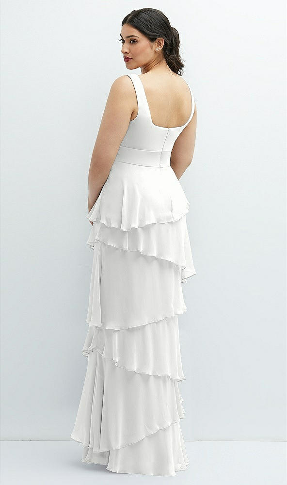 Back View - White Asymmetrical Tiered Ruffle Chiffon Maxi Dress with Square Neckline