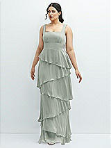 Front View Thumbnail - Willow Green Asymmetrical Tiered Ruffle Chiffon Maxi Dress with Square Neckline