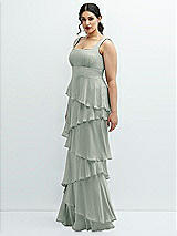 Side View Thumbnail - Willow Green Asymmetrical Tiered Ruffle Chiffon Maxi Dress with Square Neckline