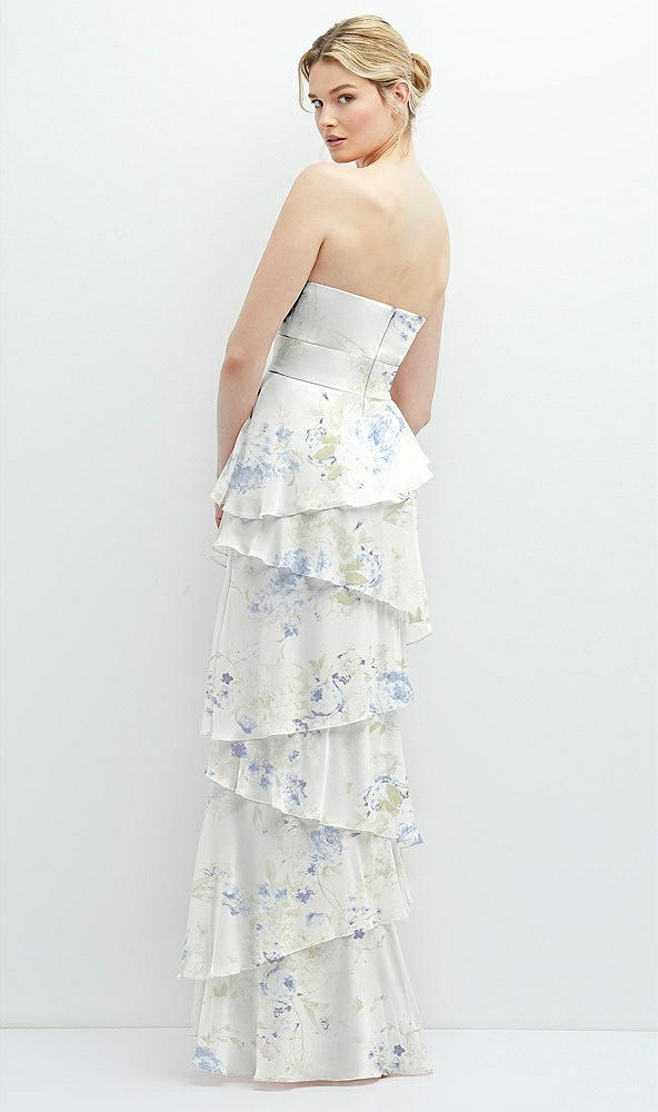 Back View - Bleu Garden Strapless Asymmetrical Tiered Ruffle Chiffon Maxi Dress