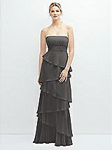 Front View Thumbnail - Caviar Gray Strapless Asymmetrical Tiered Ruffle Chiffon Maxi Dress