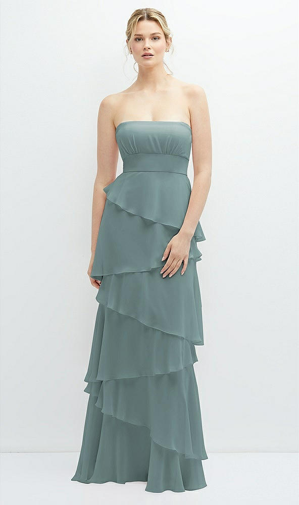 Front View - Icelandic Strapless Asymmetrical Tiered Ruffle Chiffon Maxi Dress