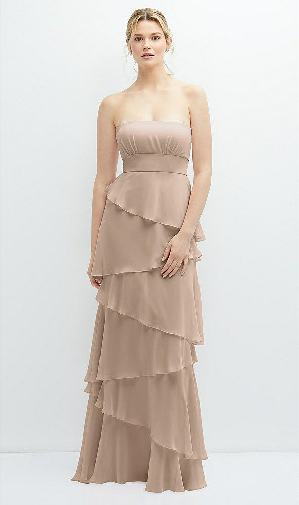 Front View - Topaz Strapless Asymmetrical Tiered Ruffle Chiffon Maxi Dress