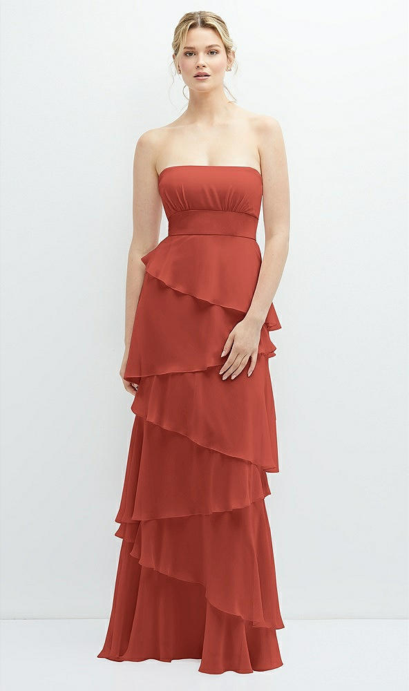 Front View - Amber Sunset Strapless Asymmetrical Tiered Ruffle Chiffon Maxi Dress